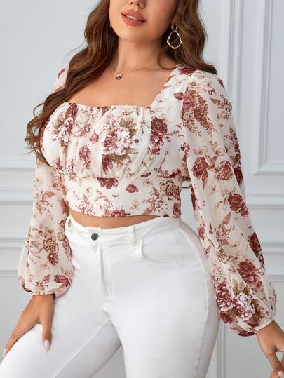 SHEIN Privé Plus Floral Print Square Neck Lantern Sleeve Crop Blouse
