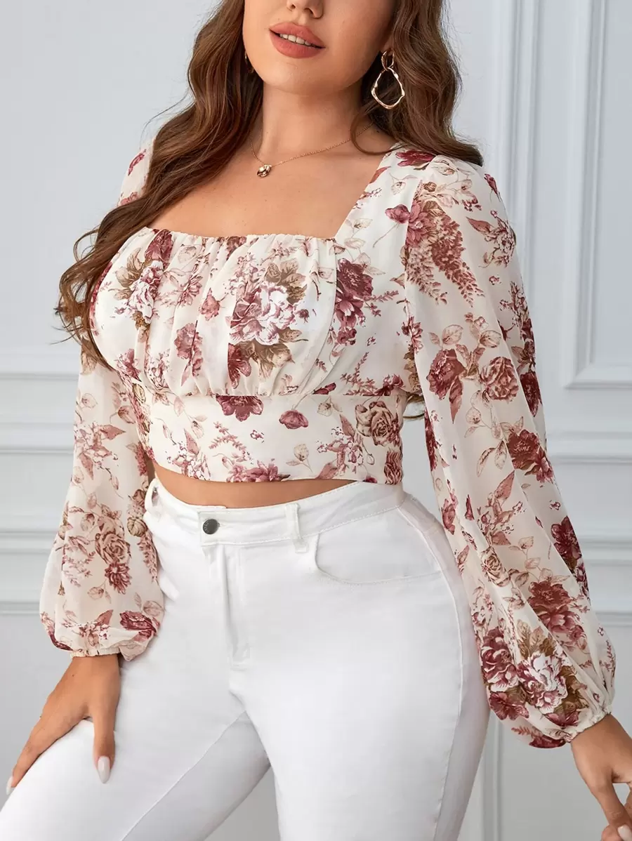 SHEIN Privé Blus Ukuran Plus Zip Ruched Bust Bunga All Over Print Boho - MultiWarna - View 1