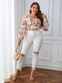 SHEIN Privé Blus Ukuran Plus Zip Ruched Bust Bunga All Over Print Boho - MultiWarna - View 5