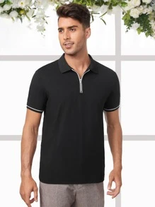 Manfinity Men Contrast Trim Quarter Zip Polo Shirt - Black - View 3