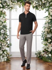 Manfinity Men Contrast Trim Quarter Zip Polo Shirt - Black - View 4