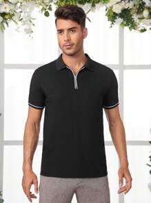 Manfinity Men Contrast Trim Quarter Zip Polo Shirt - Black - View 5