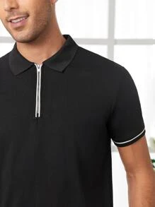 Manfinity Men Contrast Trim Quarter Zip Polo Shirt - Black - View 6