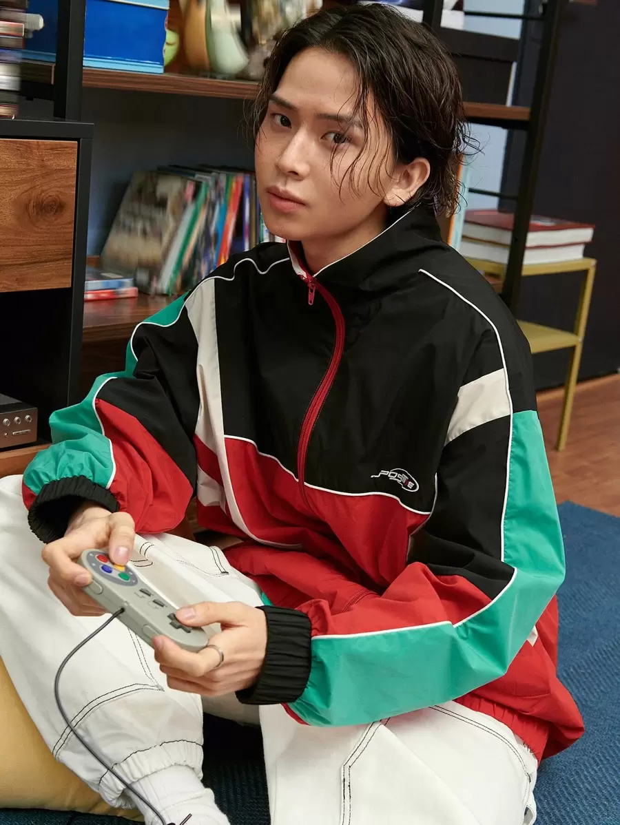 DAZY Men Colorblock Letter Graphic Drop Shoulder Jacket - Multicolor - View 1