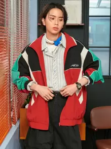 DAZY Men Colorblock Letter Graphic Drop Shoulder Jacket - Multicolor - View 9