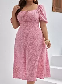 SHEIN VCAY Plus Size Boho Plants Print Knot Front Split Thigh Dress, For Summer - Multicolor - View 5