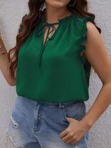 SHEIN VCAY 大碼繫帶領褶邊襯衫 - 墨綠色 - 查看 2