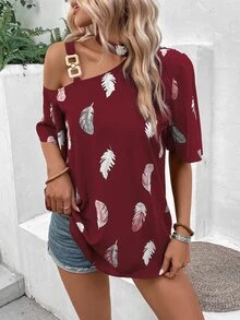 SHEIN LUNE Feather Print Chain Detail Asymmetrical Neck Blouse - Burgundy - View 4
