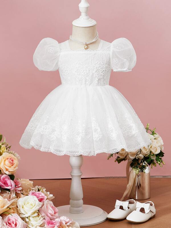 SHEIN Baby Floral Embroidery Mesh Overlay Puff Sleeve Dress SHEIN UK