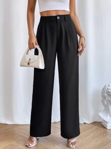 SHEIN Essnce High Waist Plicated Detail Wide Leg Trousers - Black - View 4