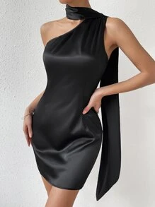 SHEIN Privé Solid Draped Detail Satin Dress - Black - View 1
