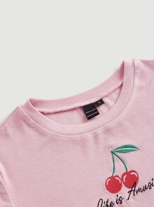 SHEIN MOD Cherry & Slogan Embroidery Lettuce Trim Tee - Baby Pink - View 3