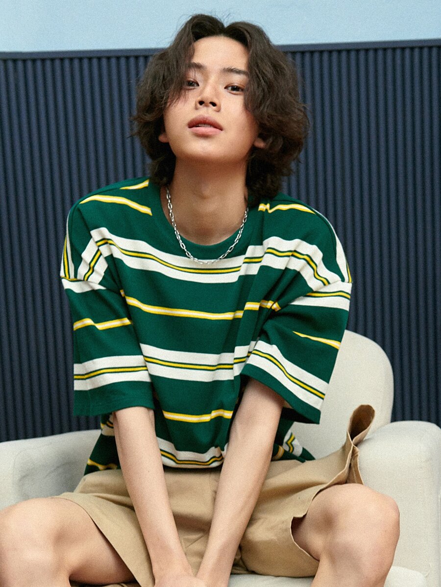 DAZY 男士條紋印花落肩T恤 - 墨綠色 - 查看 1