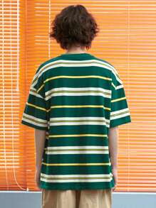 DAZY 男士條紋印花落肩T恤 - 墨綠色 - 查看 2