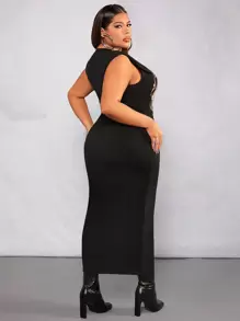 SHEIN SXY 大碼字母和老鷹印花墊肩緊身連衣裙 - 黑色 - 查看 2