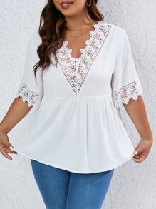 SHEIN Privé Plus Guipure Lace Trim Peplum Blouse - White - View 3