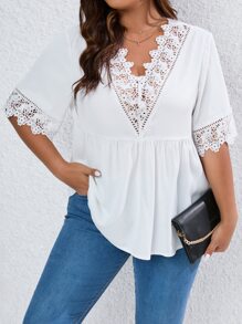 SHEIN Privé Plus Guipure Lace Trim Peplum Blouse - White - View 4
