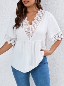 SHEIN Privé Plus Guipure Lace Trim Peplum Blouse - White - View 5