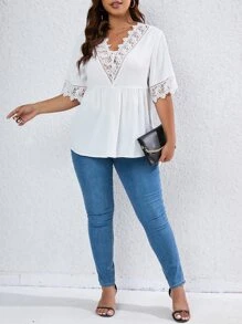 SHEIN Privé Plus Guipure Lace Trim Peplum Blouse - White - View 6