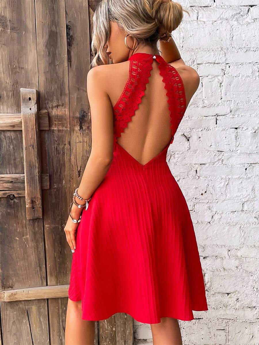 Breezaya Contrast Lace Backless Halter Neck Dress For New Year Clothes Vacation Beach Outfits Women - Red - View 1