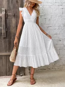 Breezaya Solid Ruffle Trim Wrap Hem Dress Maxi Vacation Beach Outfits Women