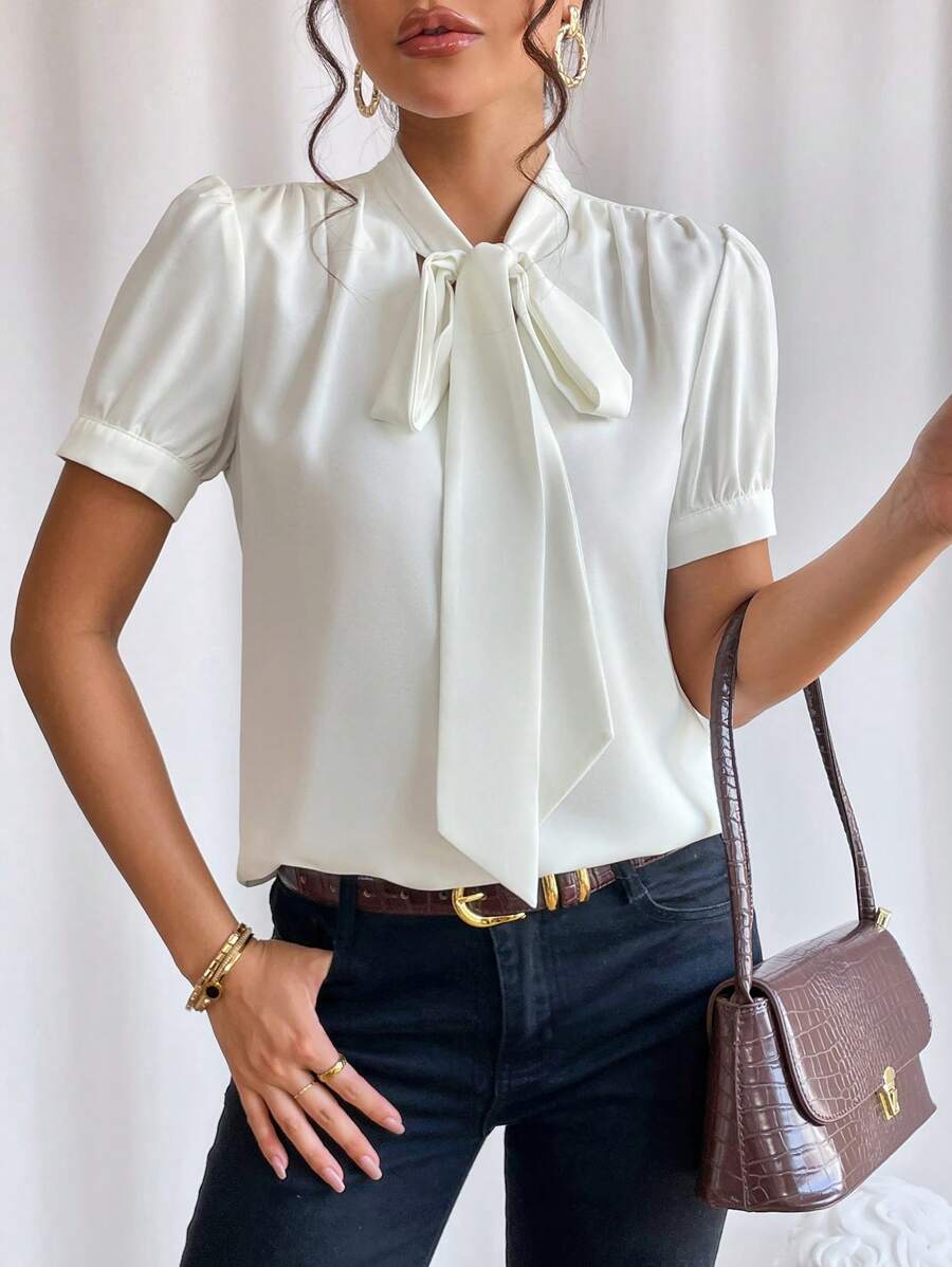 SHEIN Privé 繫帶領泡泡袖襯衫