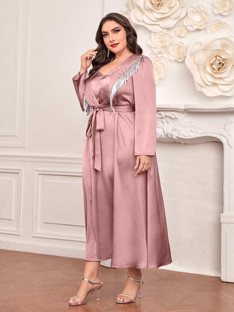 Plus Contrast Sequin Fringe Trim Belted Satin Dress