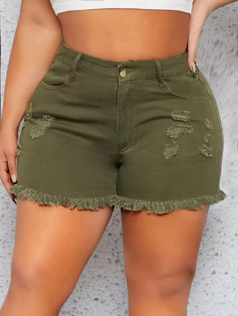 SHEIN SXY Plus Ripped Raw Hem Denim Shorts - Army Green - View 1