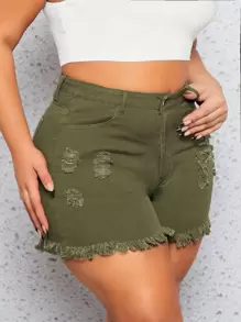 SHEIN SXY Plus Ripped Raw Hem Denim Shorts - Army Green - View 3