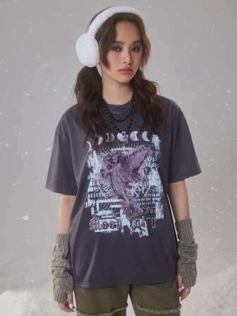 Fairycore T-shirt a goccia con stampa di figura e luna, per la scuola