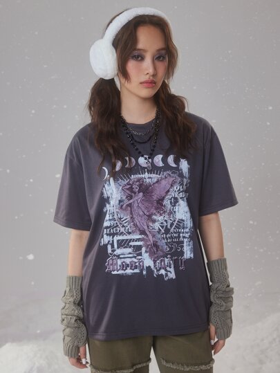 Fairycore Figur & Mond Muster Oversized T-Shirt, Schule