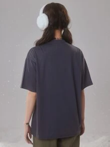 ROMWE Fairycore Figure & Moon Print Drop Shoulder Tee, School - Dark Grey - View 2