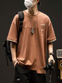 男士字母圖案拼接邊T恤 - 鏽棕色 - 查看 3