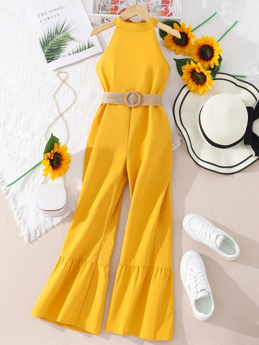 女孩荷葉邊喇叭繞頸連體褲 - 黃色 - 查看 1