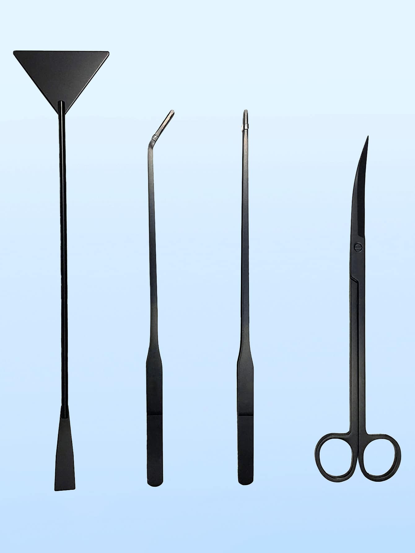 4pcs Aquarium Landscape Tools Set, Including Long Tweezers, Curved Tweezers, Straight Scissors, Sand Shovel - Black - View 1