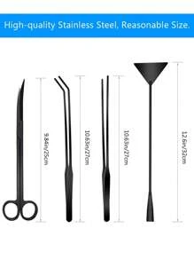 4pcs Aquarium Landscape Tools Set, Including Long Tweezers, Curved Tweezers, Straight Scissors, Sand Shovel - Black - View 4