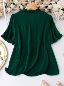 SHEIN LUNE Plus Frill Trim Tie Neck Flounce Sleeve Ruffle Hem Smock Blouse - Dark Green - View 2