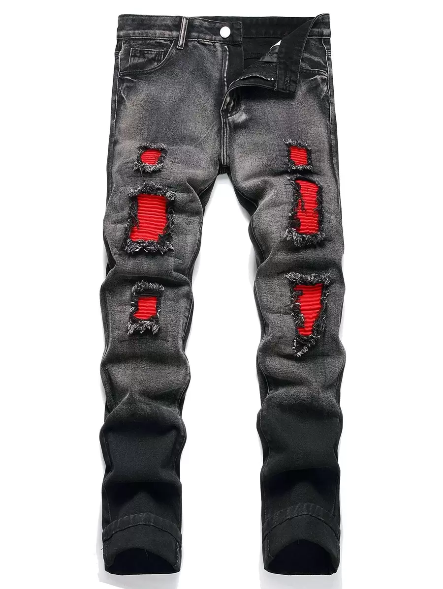 Men Ripped Frayed Pocket Zipper Jeans - Black - View 1