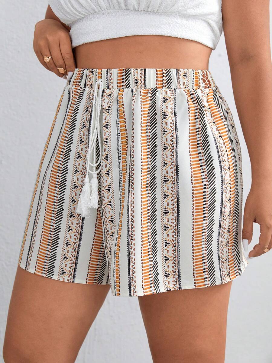SHEIN VCAY Quần Short kích thước lớn Dây kéo mép Bộ lạc Boho - Nhiều màu - Xem 1