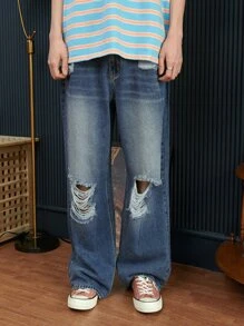 DAZY Hombres Jeans desgarro de pierna ancha - Azul lavado oscuro - Ver 3