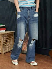 DAZY Hombres Jeans desgarro de pierna ancha - Azul lavado oscuro - Ver 6