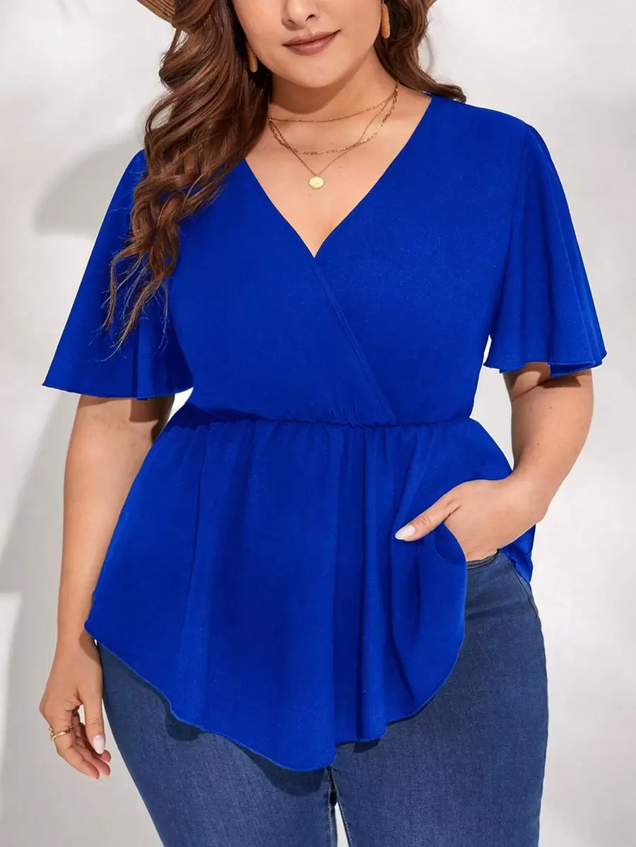 SHEIN Clasi Plus Butterfly Sleeve Peplum Blouse - Royal Blue - View 1