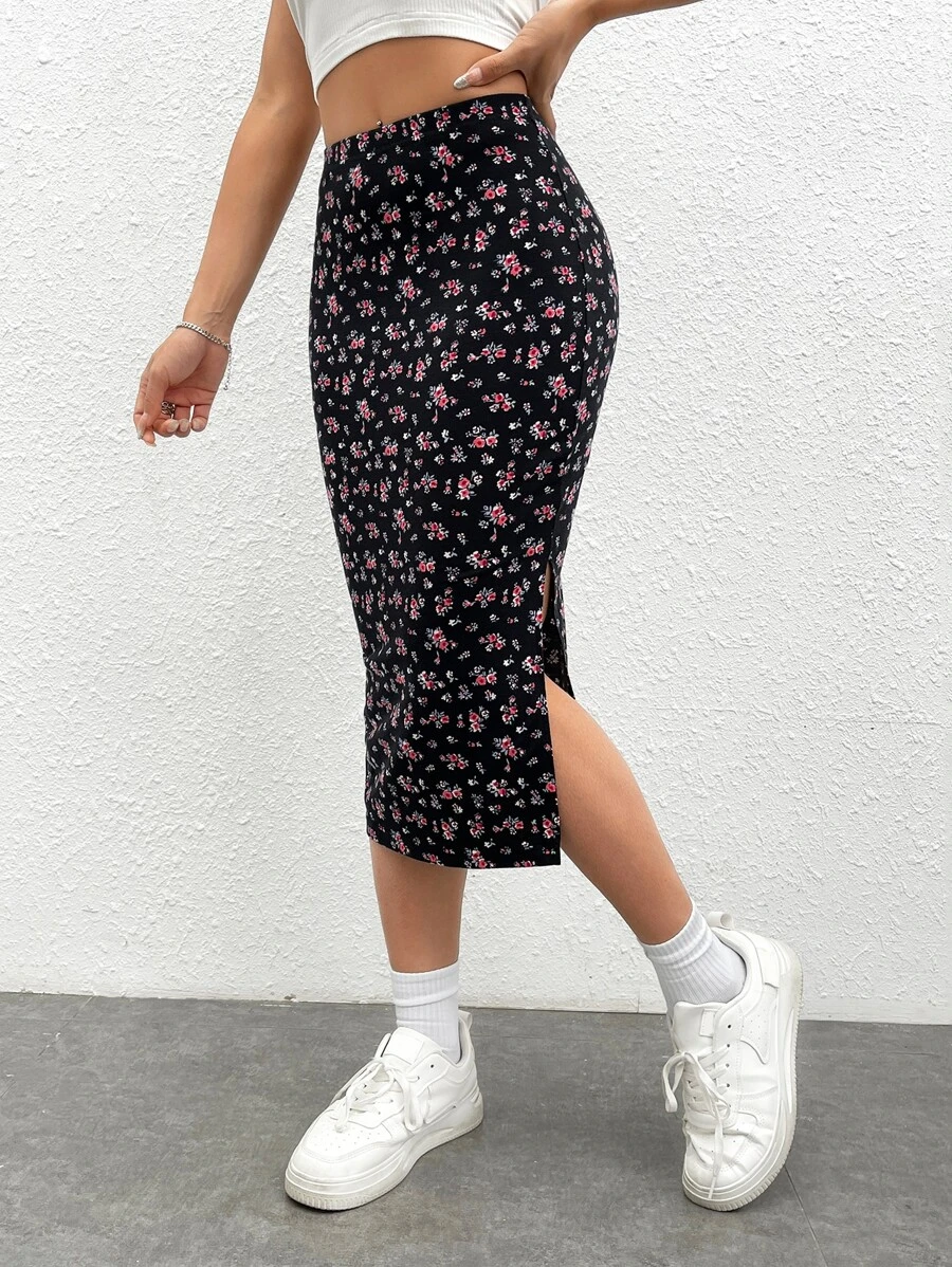 SHEIN EZwear Cottagecore Váy In hoa Ditsy Tách đùi - Nhiều màu - Xem 1