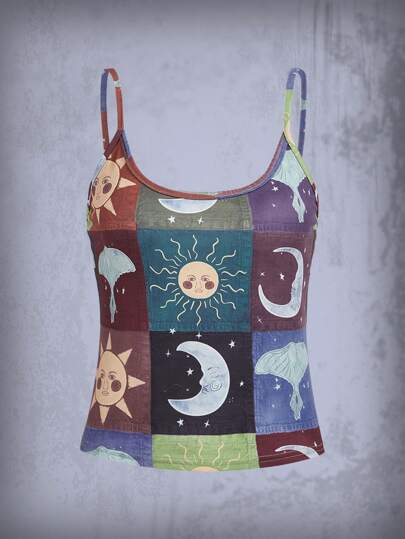 Goth Top con bretelle sottile con grafica luna e sole