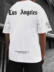 Manfinity EMRG 男士T恤，合身設計，圓領短袖，圖案T恤，洛杉磯城市風夏季款，聚酯纖維面料 - 白色 - 查看 1