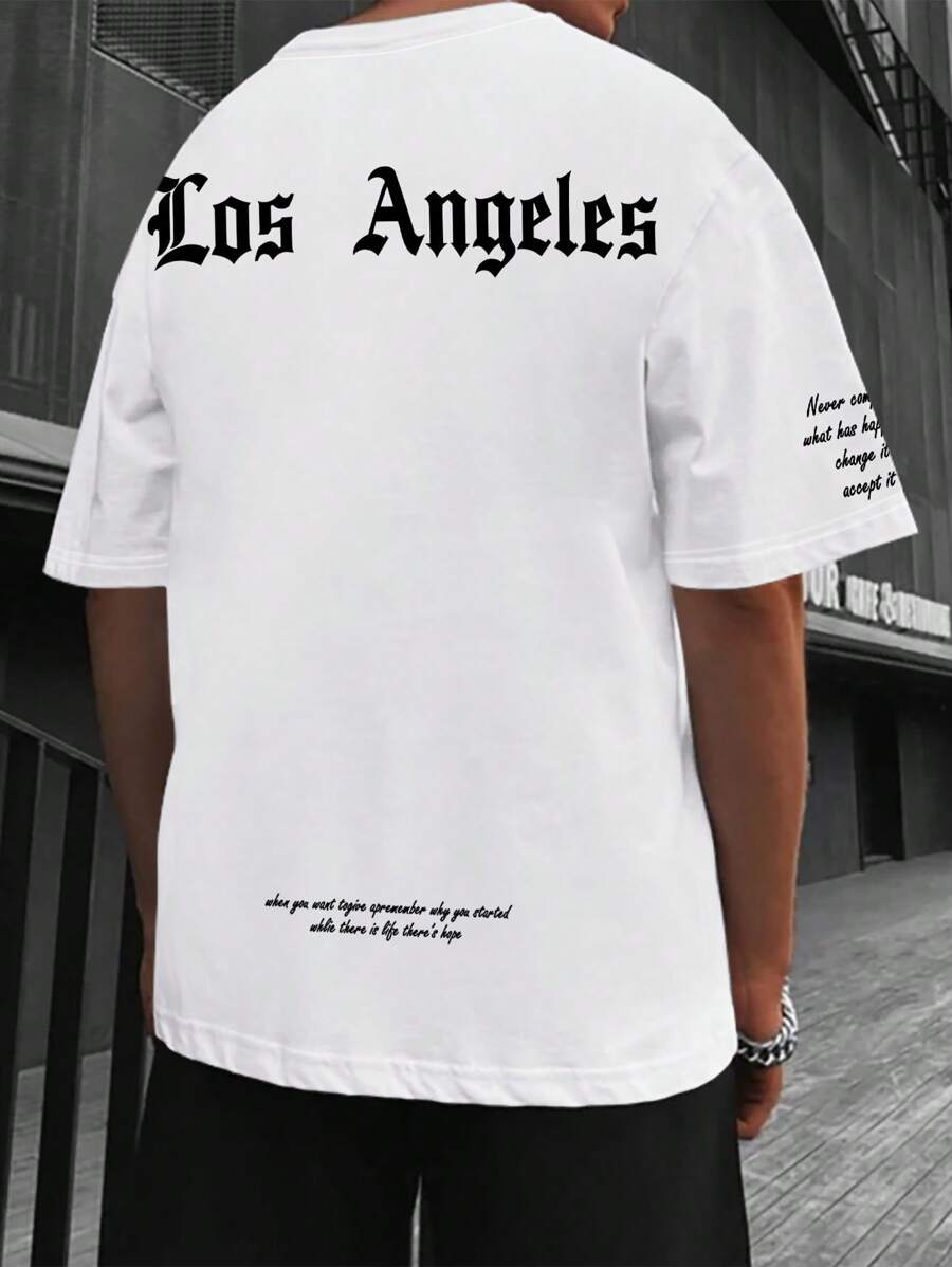 Manfinity EMRG 男士T恤，合身設計，圓領短袖，圖案T恤，洛杉磯城市風夏季款，聚酯纖維面料 - 白色 - 查看 1