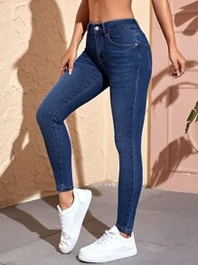 SHEIN PETITE Quần jean nữ Nút Túi Dây kéo màu trơn - Rửa tối - Xem 1