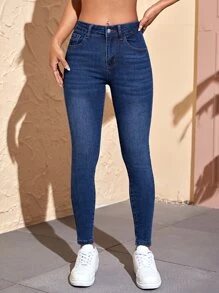 SHEIN PETITE Quần jean nữ Nút Túi Dây kéo màu trơn - Rửa tối - Xem 3