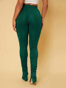 SHEIN SXY 素色高腰褶邊下擺開叉褶皺緊身打底褲 - 墨綠色 - 查看 6