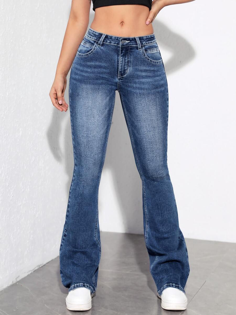 Flexra 斜口袋喇叭腿牛仔裤，女士休闲纽扣、口袋、拉链低腰喇叭腿长蓝色棉质常规版型女式牛仔裤，春/秋，休闲日常穿着 - 藍色 - 查看 1